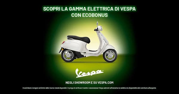 Promozione Vespa Elettrica Aprile 2024 -Scopri la gamma Elettrica di Vespa con ecobonus. Negli showroom e su vespa.com