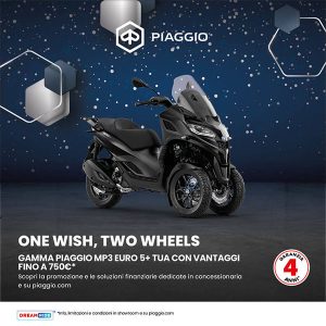 Locandina Promozione Dicembre 2025 One Wish, Two Wheels. Piaggio MP3 Euro 5 Plus è tuo con vantaggi fino a 750 euro!